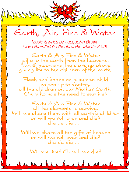 Graphic version of Earth, Air, Fire & Water lyrics. 
Please see bottom of page for link to text version